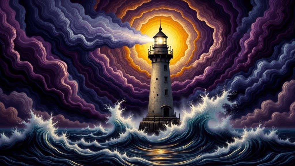 Weathered Lighthouse in Stormy Abstract Expressionism