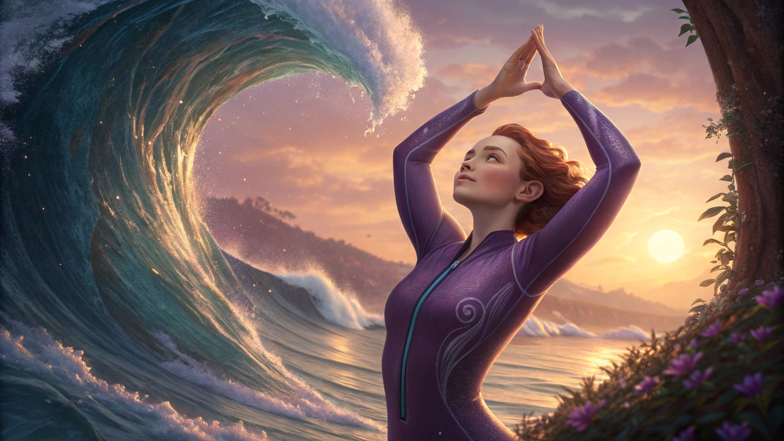 Auburn-Haired Woman's Sunrise Yoga Pose