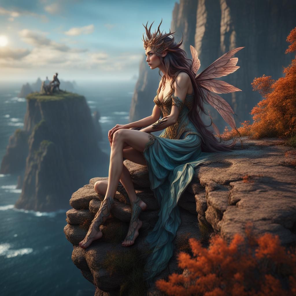 Nymph on Cliff: Detailed Fantasy Concept Art