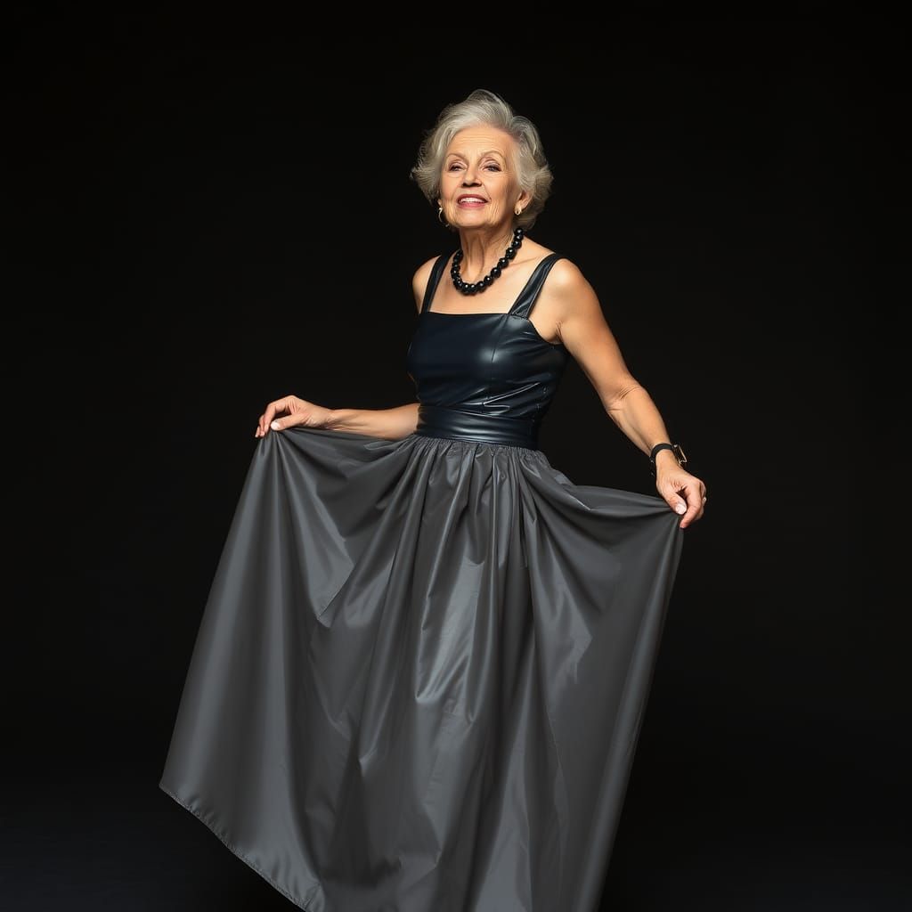 Older Woman in Latex Dress Holding Skirt