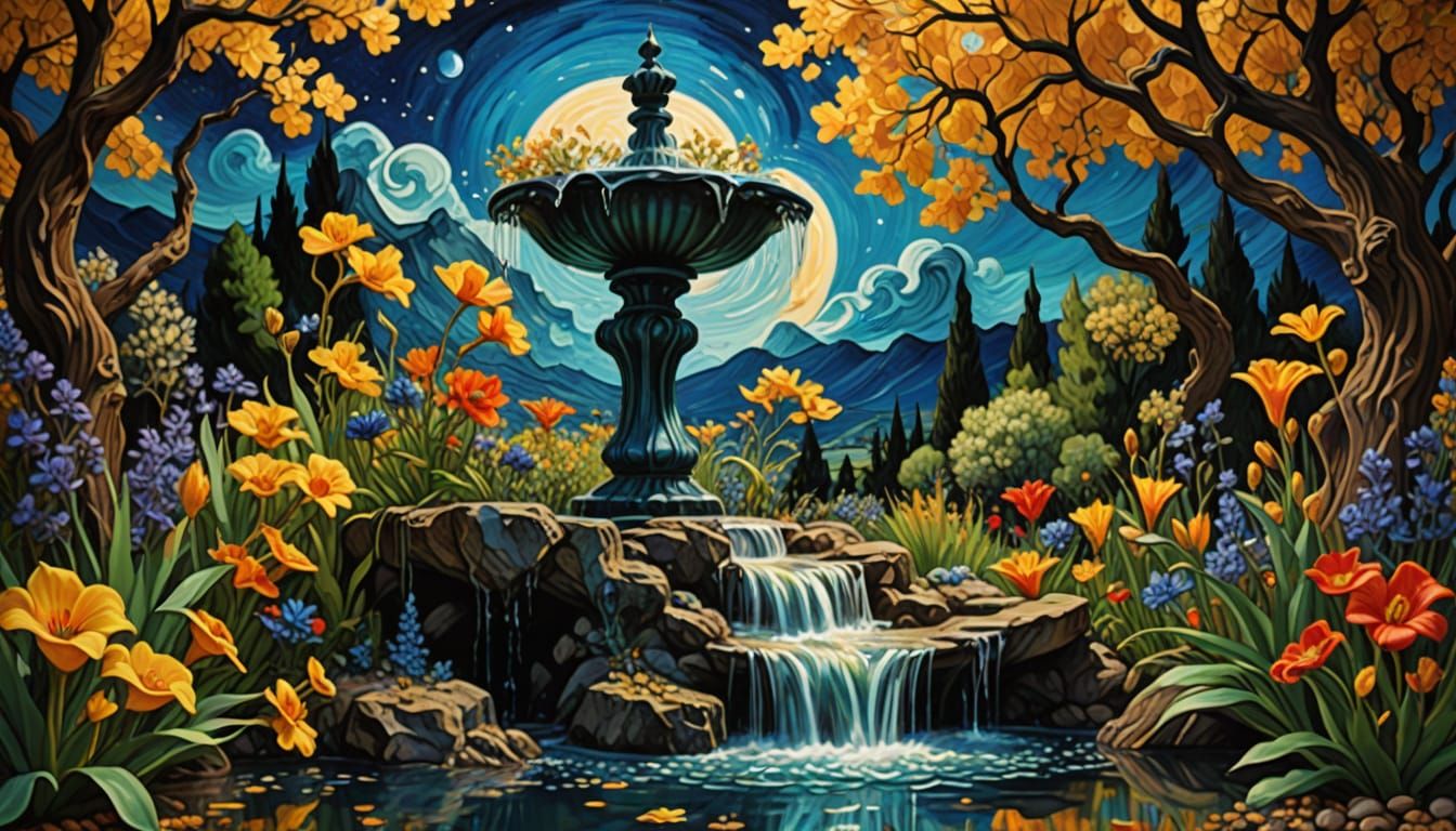Surreal Fountain in Dreamscape Garden with Ethereal Shapes