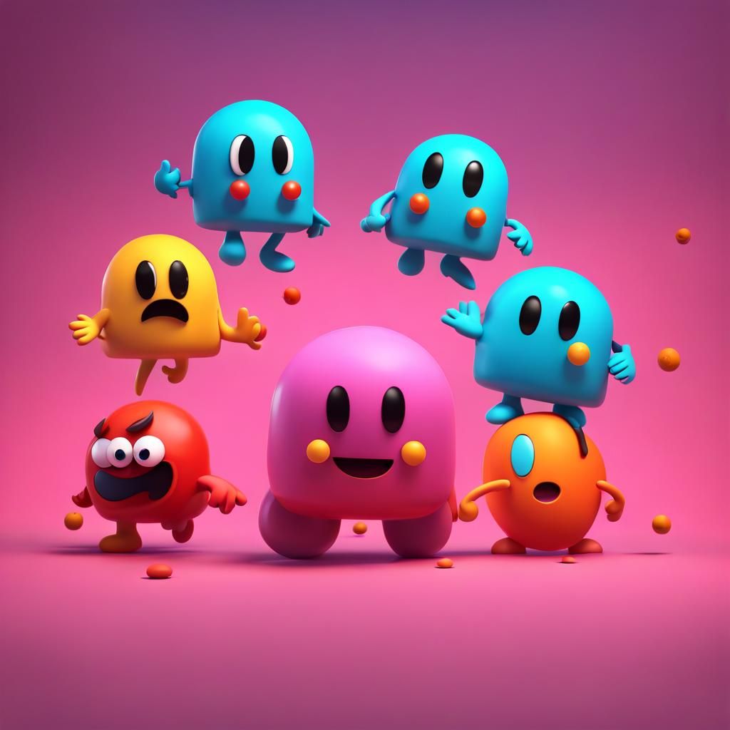 Chibi Pacman and Ghosts in 3D Digital Art