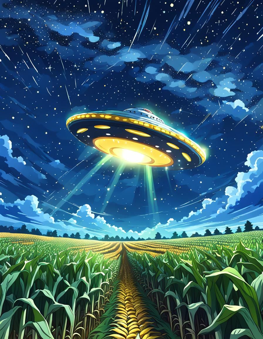 UFO Over Cornfield in 90s Anime Style
