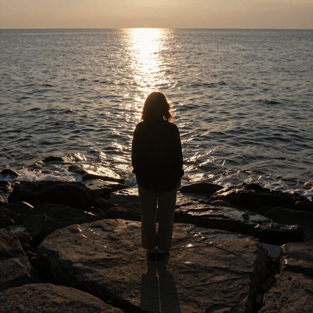 Woman Gazing at Ocean Reflection on Rocky Shore