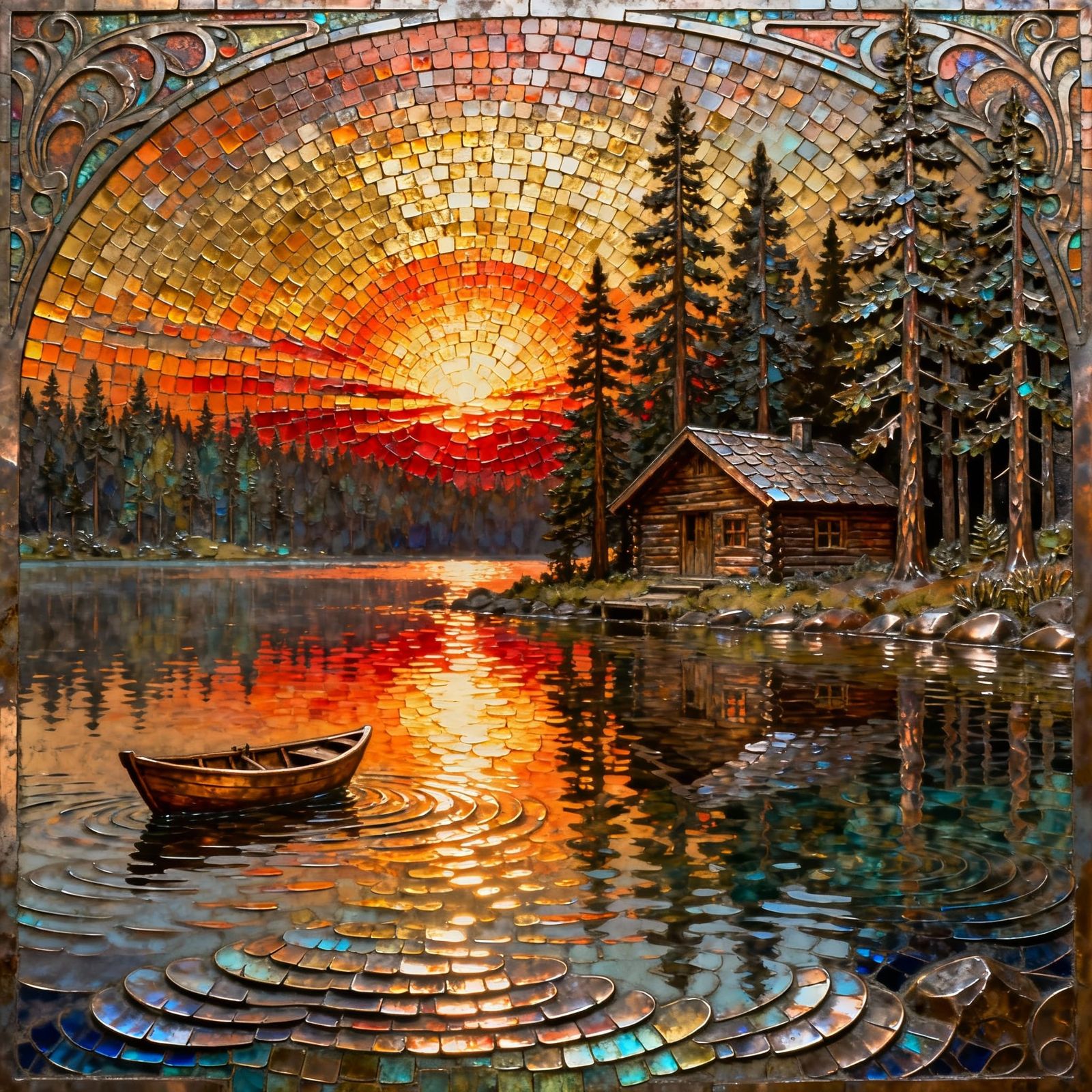 Sunrise Forest Lake Cabin Embossed Metal Relief Artwork