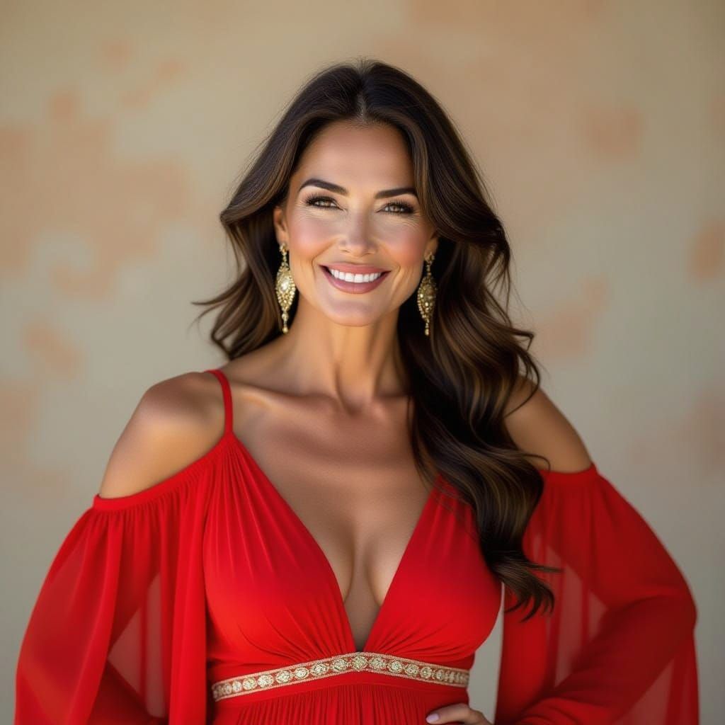 Glamorous Woman in Scarlet Maxi Dress, Evoking Ibiza's Caref...
