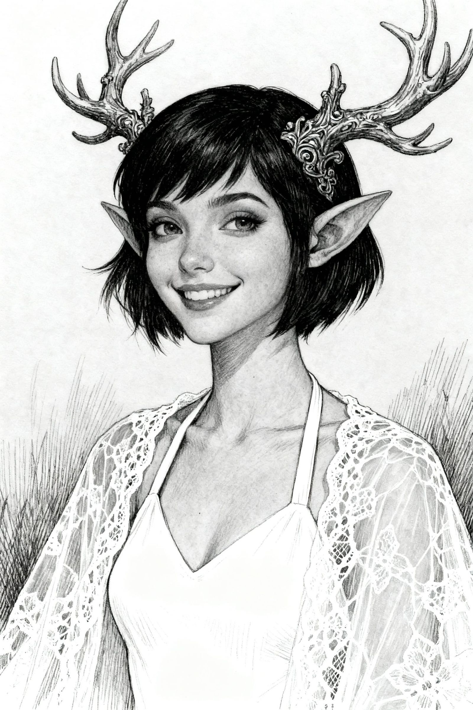 Beautiful Elf Maiden in Black and White Ink Drawing