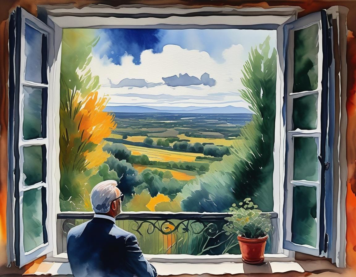Gouache Painting of Man Looking out Window