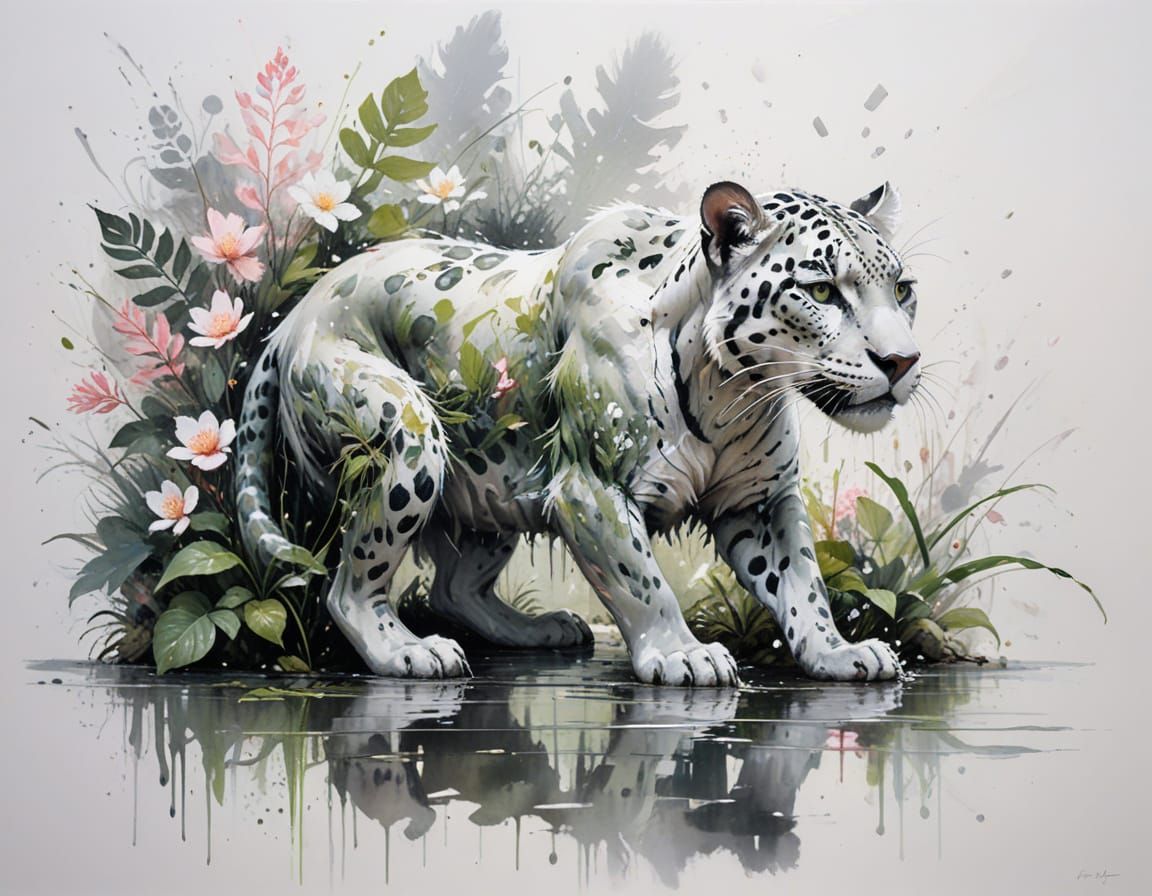 Jaguar Crouches on Flooded Rainforest Floor at Dusk