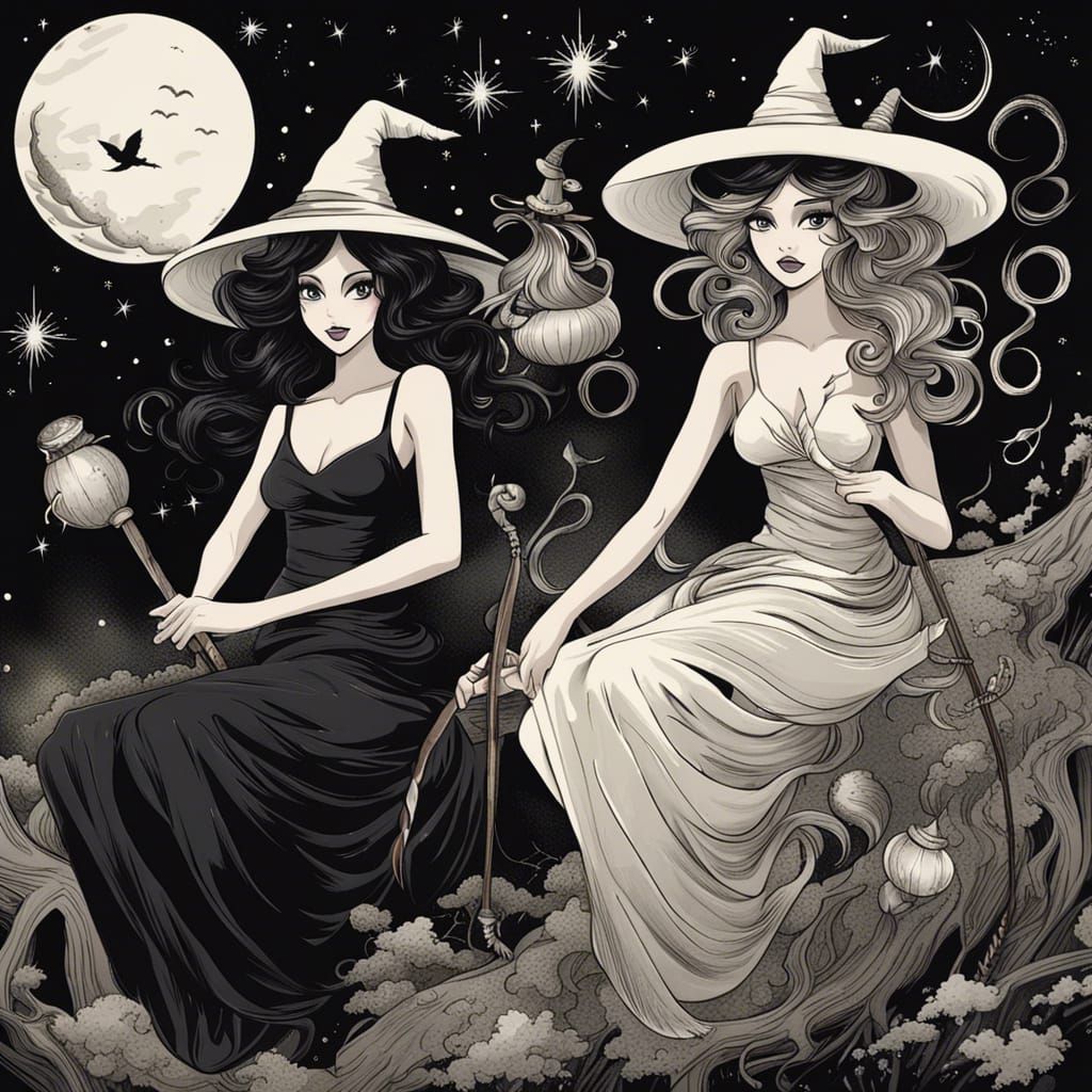 Black and White Witches on Brooms