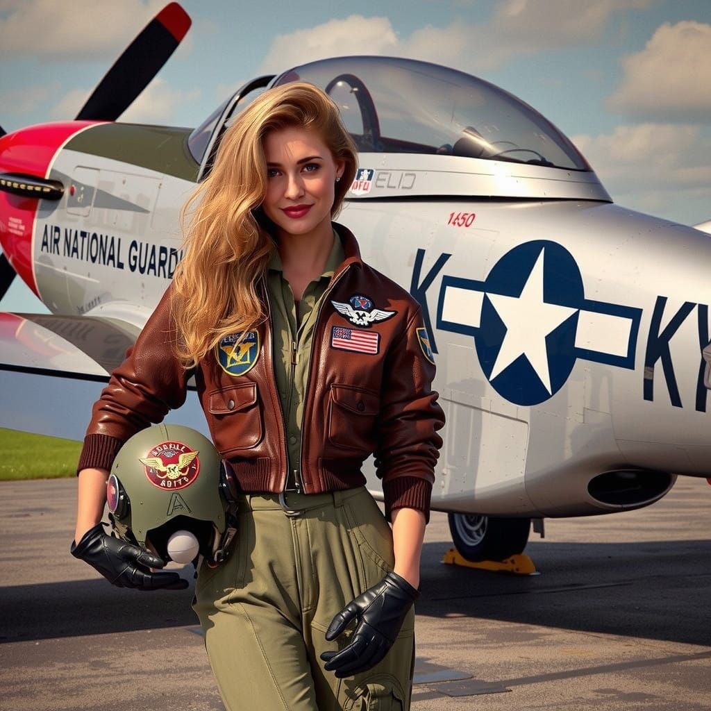 Futuristic Female Pilot in Front of Vintage Fighter Plane