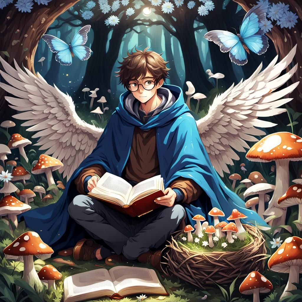 Teenage Boy with Wings Reads in Flower-Crowned Nest