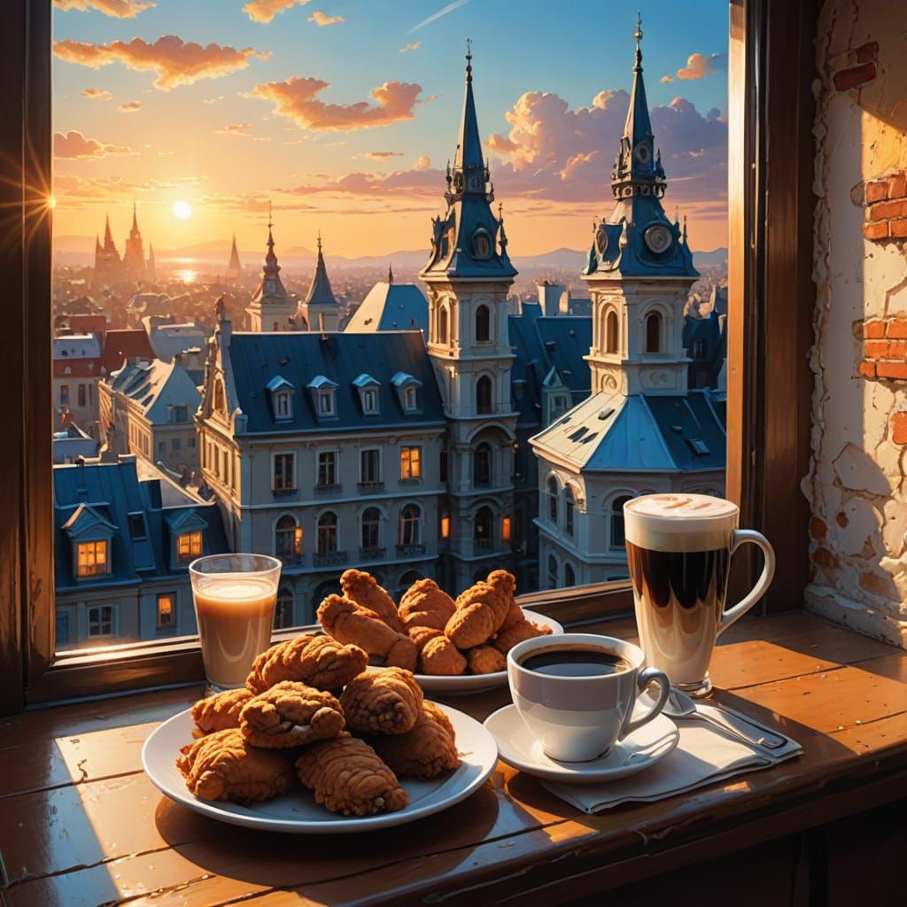 Fantasy Cityscape Coffee Shop Scene in Whimsical European St...