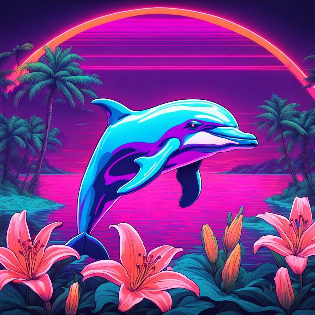 Synthwave Dolphin Surrounded by Lilies in Neon Retro Style