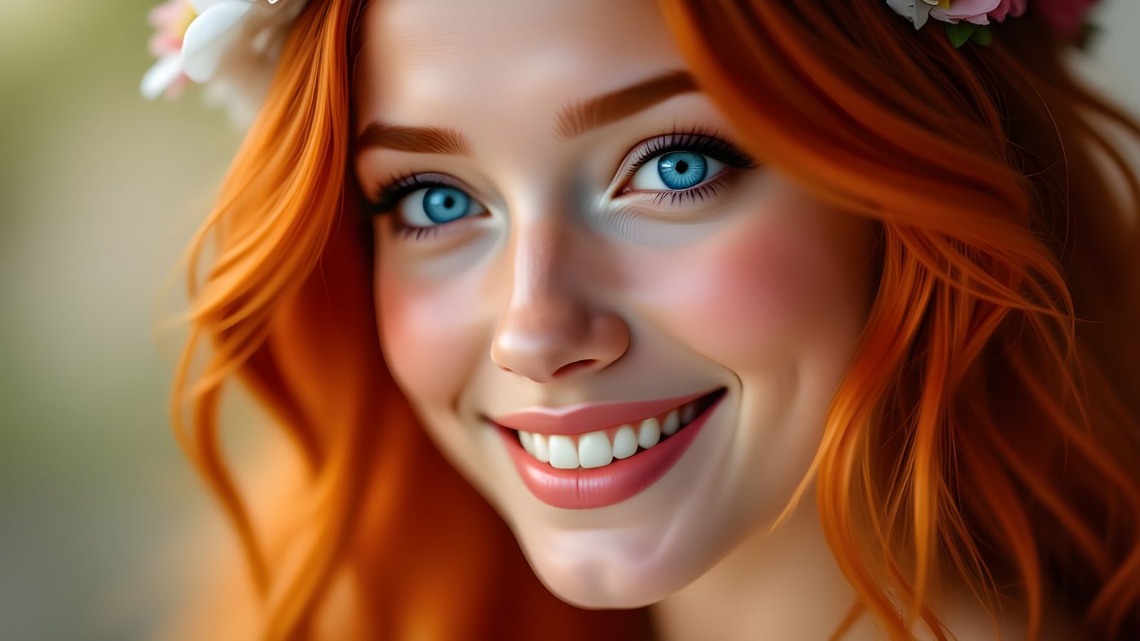 Photorealistic Portrait of Smiling Red-Haired Woman with Azu...