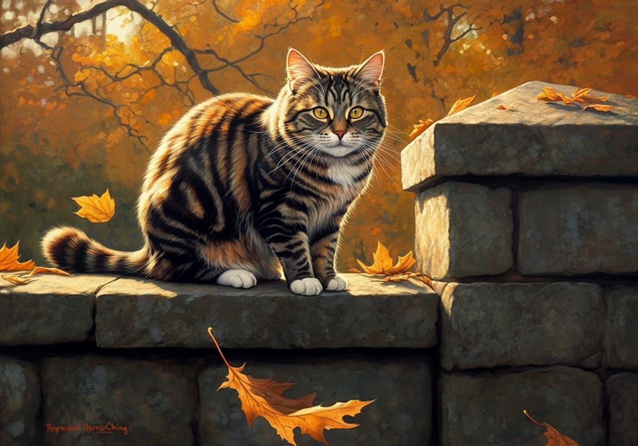 Maine Cat on Stone Wall in Golden Sunlight