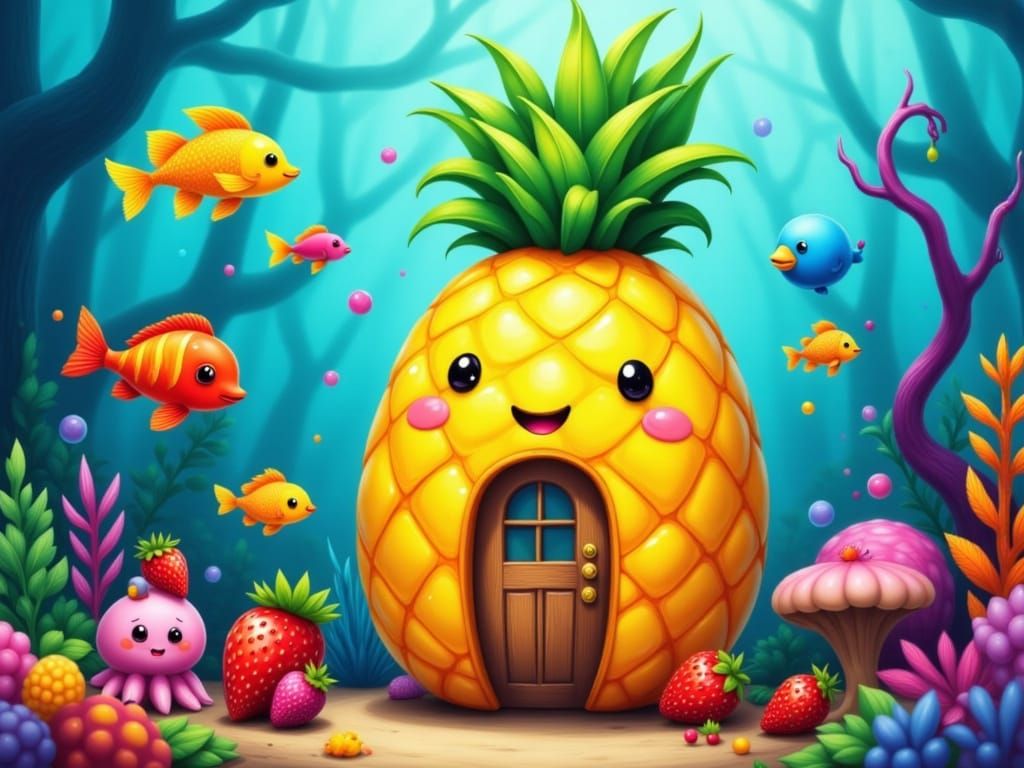 Vibrant Pineapple House with Happy Fish and Octopus in a Col...
