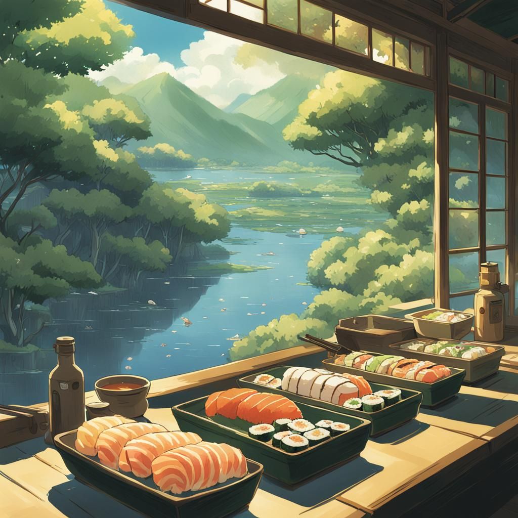Sushi in Studio Ghibli Anime Style