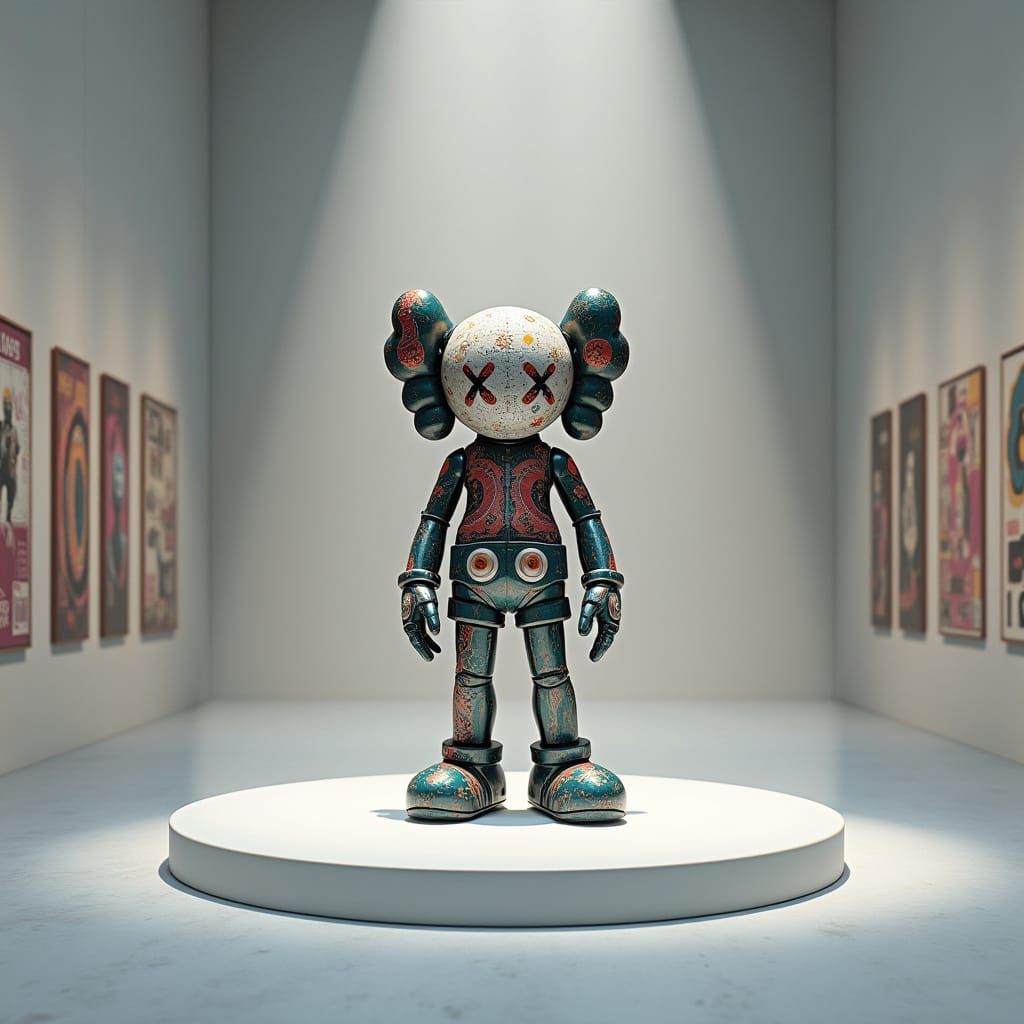 Retro-Futuristic Action Figure in Minimalist Gallery