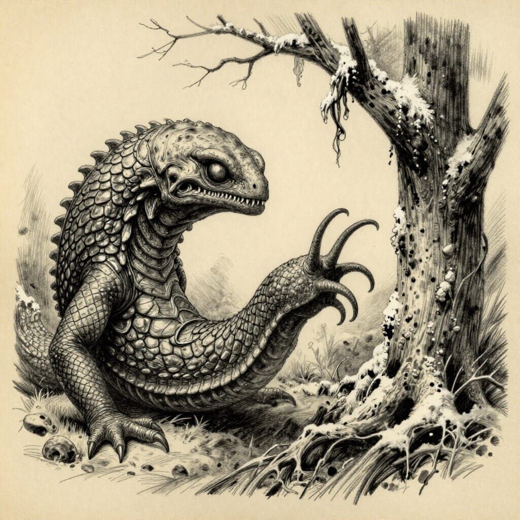 Reptilian Slug of Destruction in Winter Forest