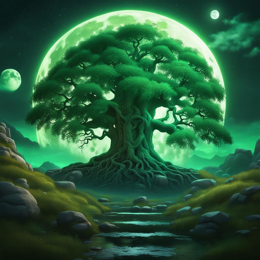 Celtic Tree of Life Under Emerald Moon
