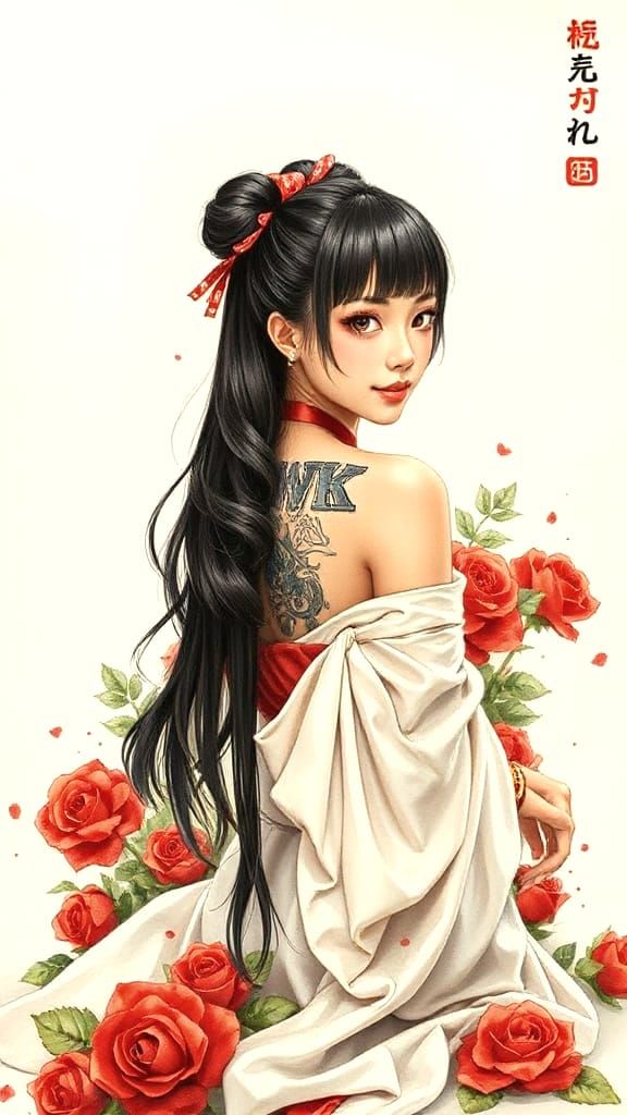 Yae Miko in Gouache Style with Floral Tattoo