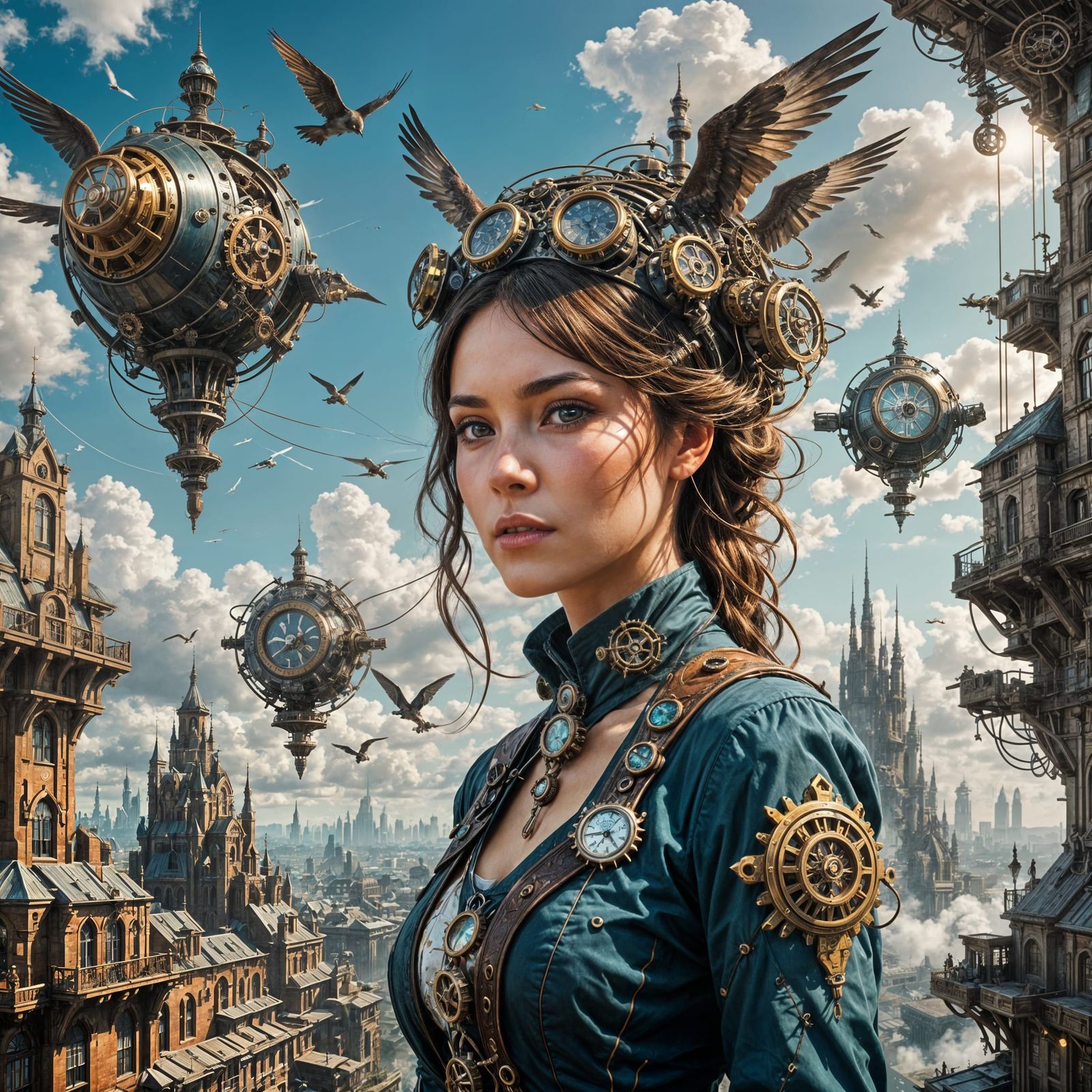 Steampunk Sky City with Mystical Birds and Drones