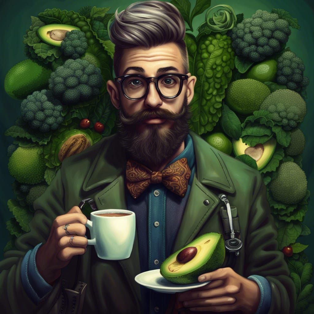 Hyperrealistic Portrait of Hipster with Kale and Coffee