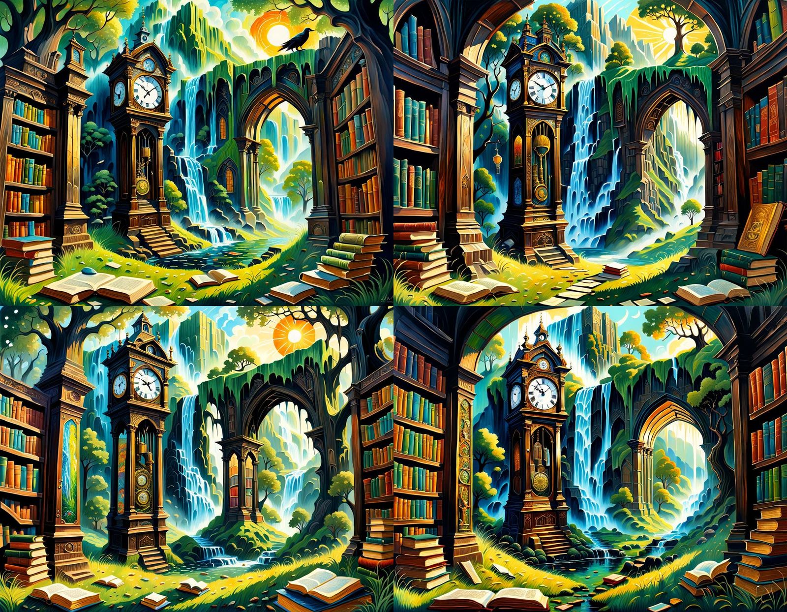 Surreal Gothic Libraries with Grandfather Clock as Impasto P...
