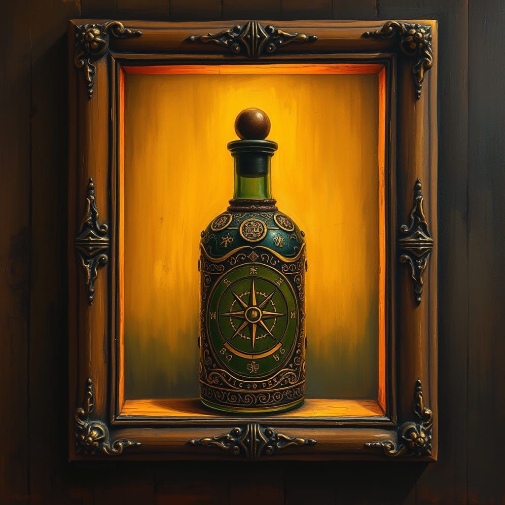 A wood frame wall potion bottle