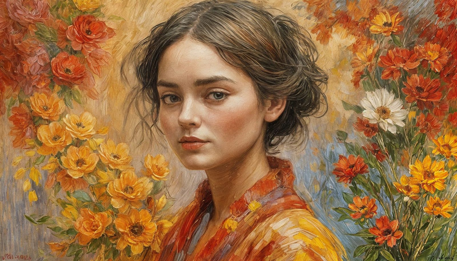 Elly in Floral Dress: Expressionist Oil Painting