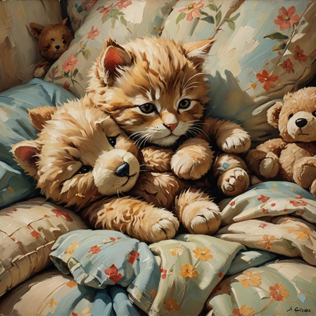 Kitten Nap in Teddy Bear's Lap as Oil Painting
