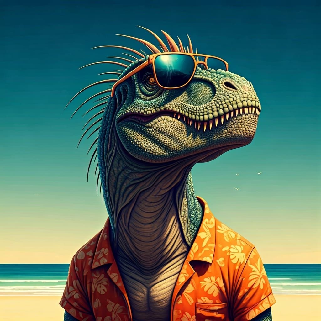 Dinosaur on the Beach in Vibrant Digital Art Style