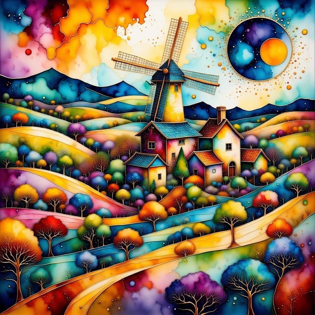 Whimsical Windmill Village in Vibrant Expressionist Style
