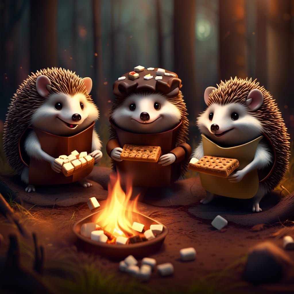 Magical Hedgehogs Roasting S'mores in Dark Fantasy Art