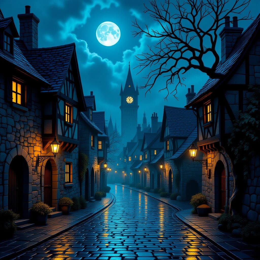 Magical Medieval Street at Night Digital Painting