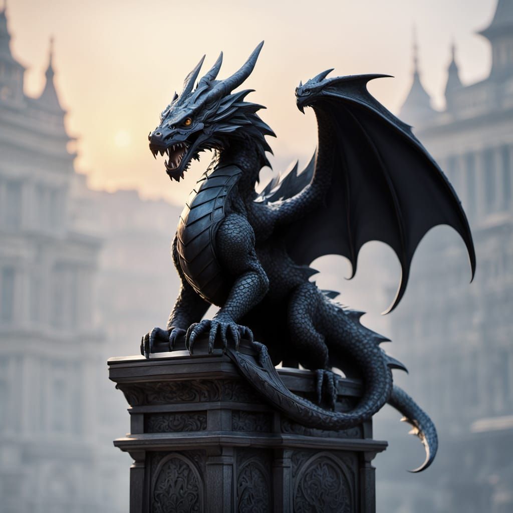 Majestic Black Marble Wyvern Statue in Golden Light