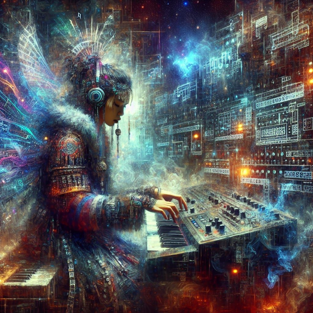 Cyberpunk Shaman Priestess Plays Synthesizer Under Starry Sk...