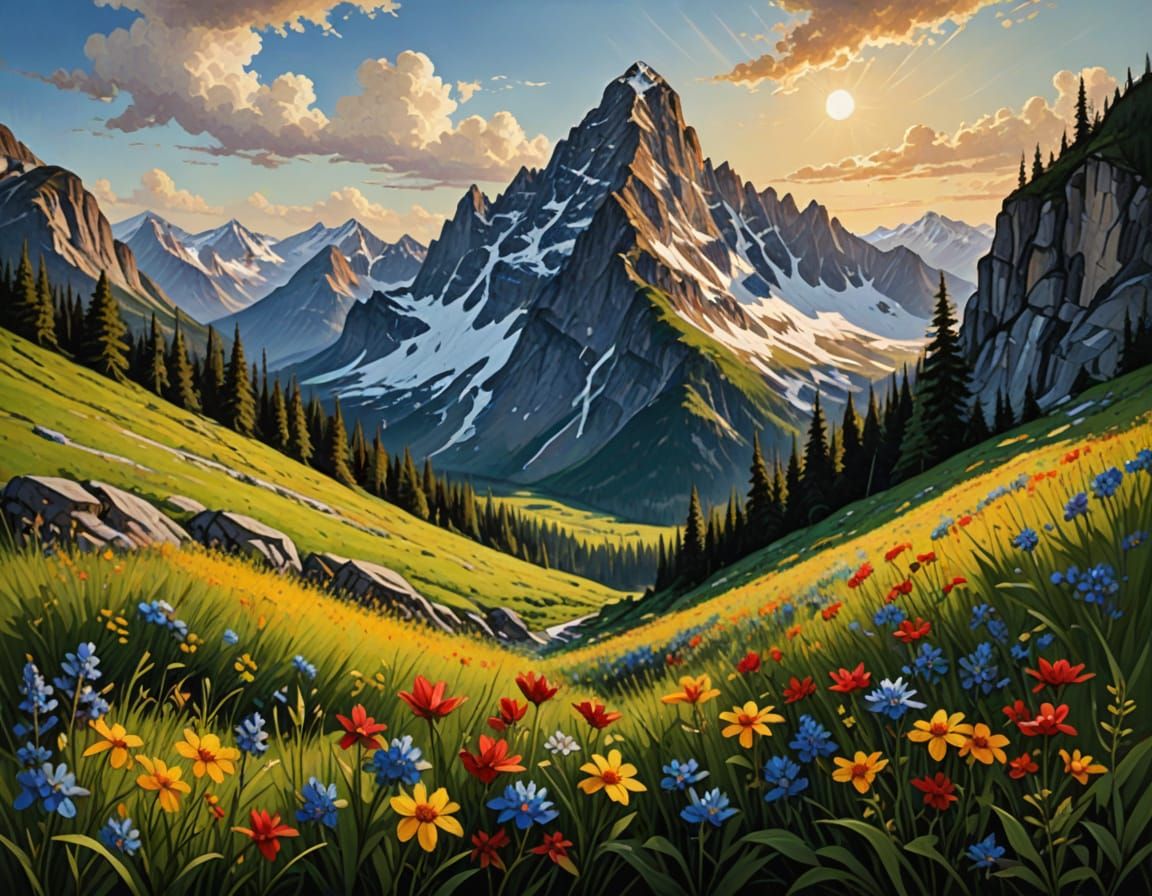 Mountain Majesty in Vibrant Wildflower Meadow