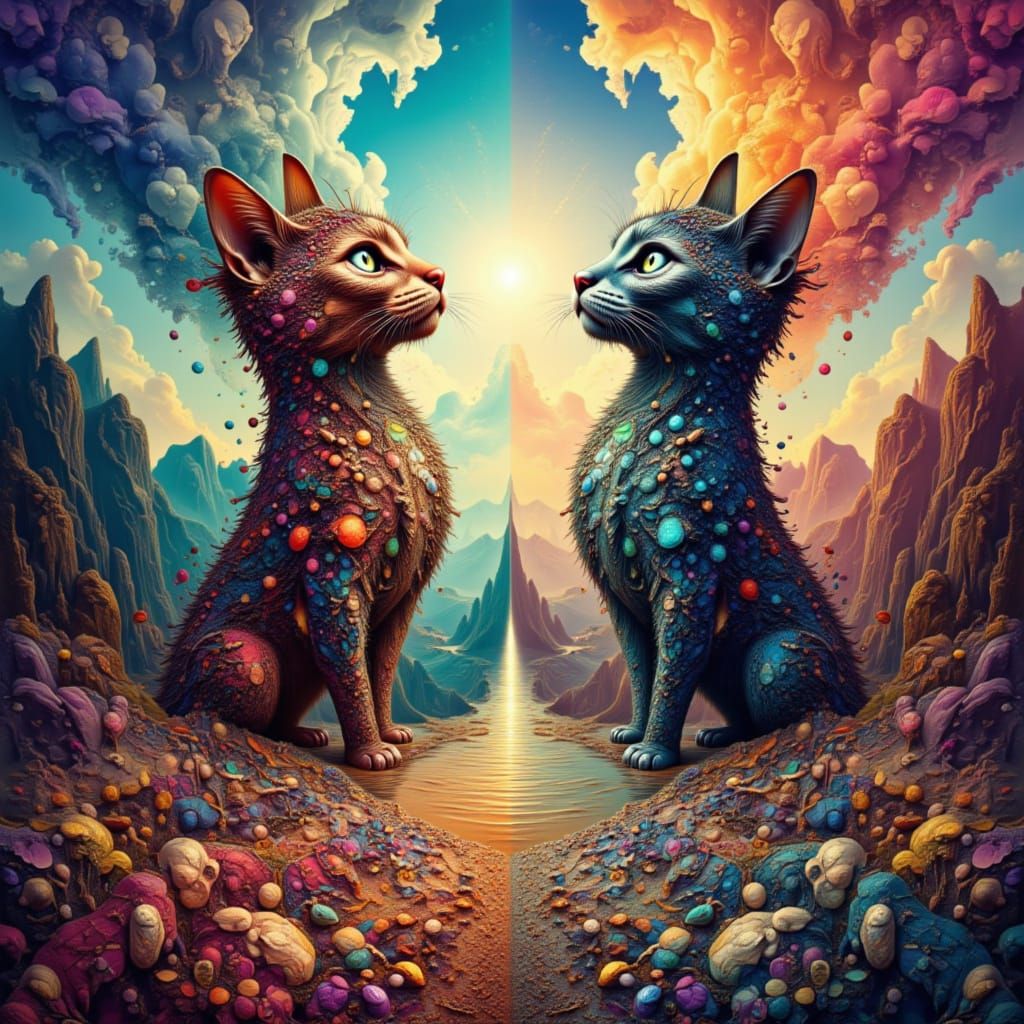 Cat on Surreal Horizon with Morphing Grids in Dot Art Style