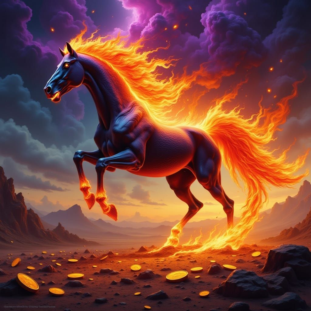 Fire Horse Gallops Through Alien Landscape in Digital Art St...