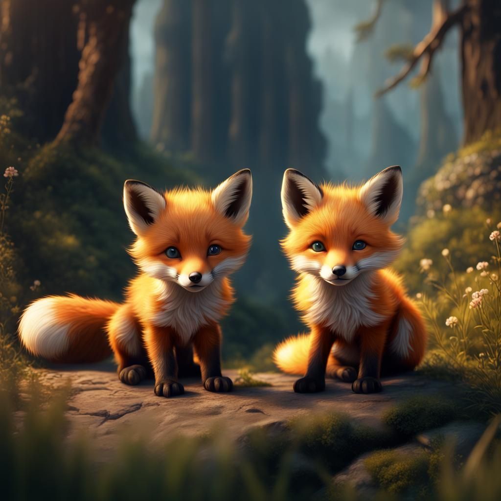 Cute Fox Pups in Detailed Fantasy Art