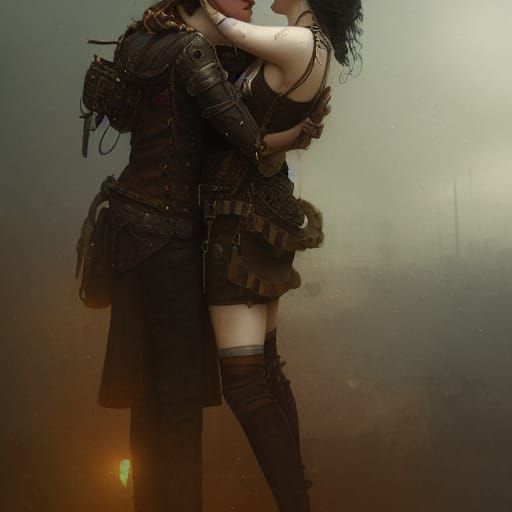Steampunk Lesbian Embrace: Epic Digital Portrait