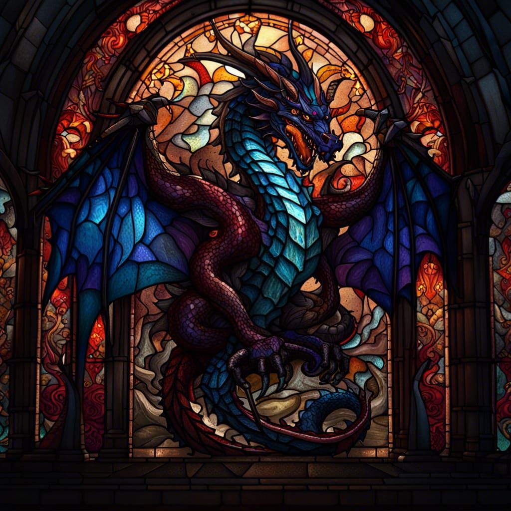 Stained Glass Horror Dragon with Obsidian Sword