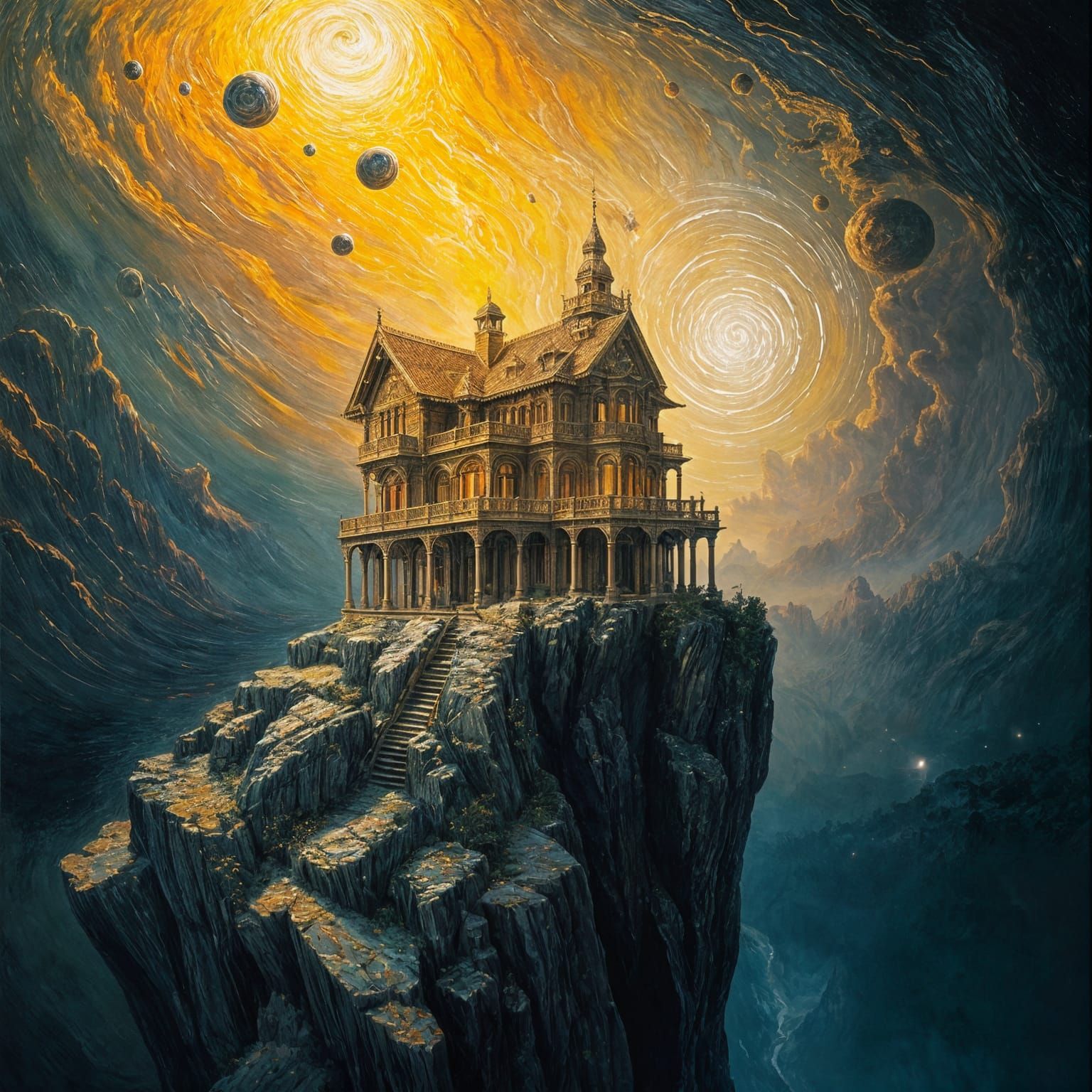 Ornate Brass House on Nebula Cliff in Impasto Style