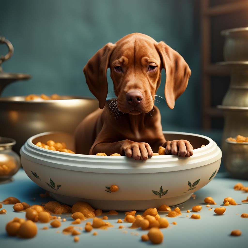Vizsla puppy sleeping (inside food bowl)