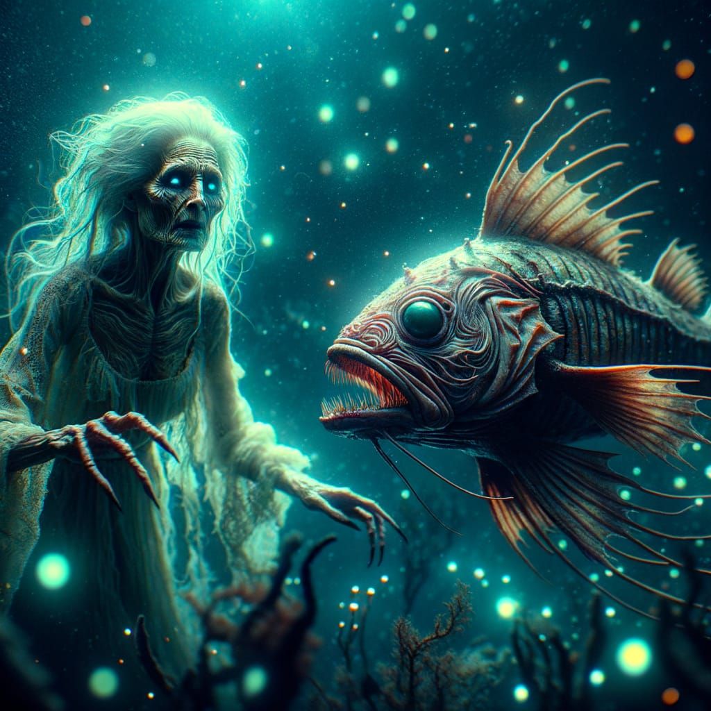 Ancient Mermaid and Anglerfish in Bioluminescent Deep Sea