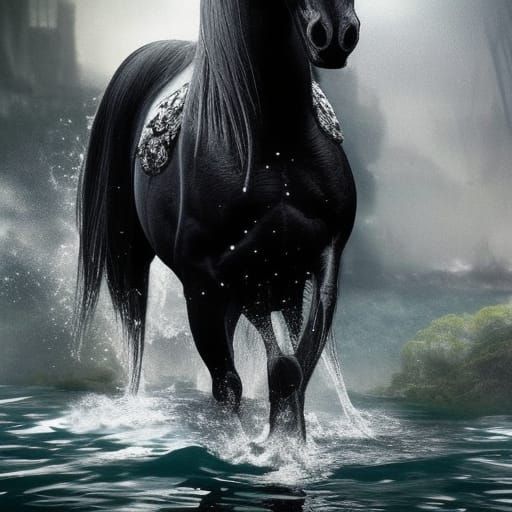 Detailed Black Horse with Flowers in Mane