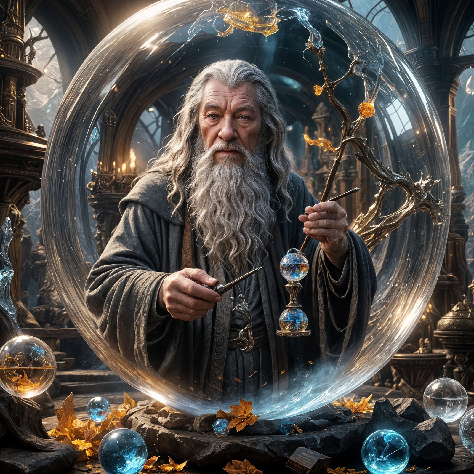 Gandalf Smoking Pipe in Crystal Orb: Fantasy Art