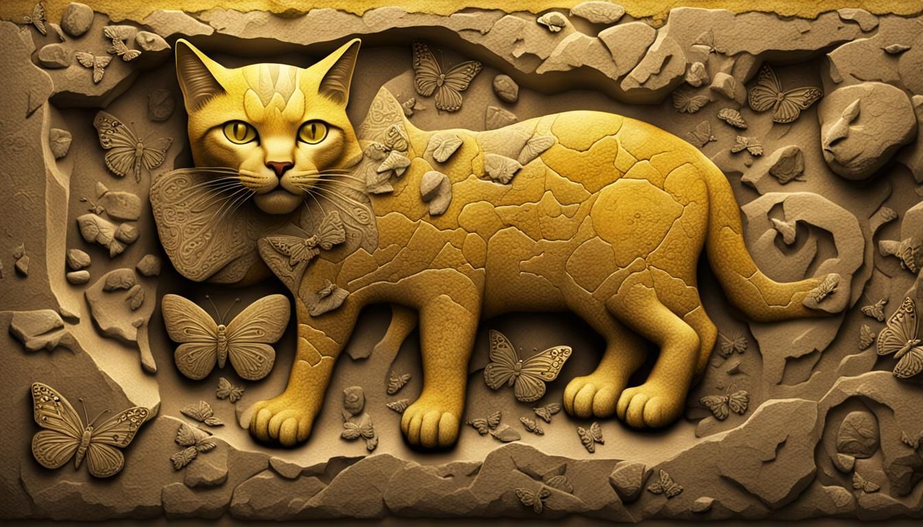 Stone Age Carving of Cat and Butterflies